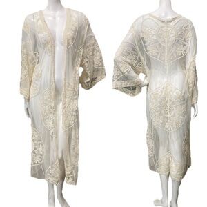 FLORAL BLOOMING Kimono Knitted Cover Up Long Duster Beige Cream Open Front Large
